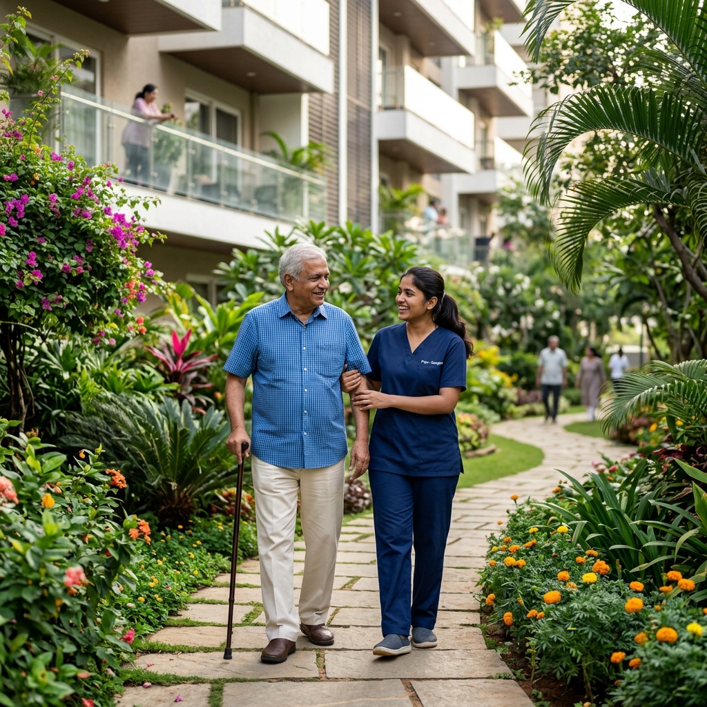 Caregiver nurse walking and chatting with an Indian grandfather in a beautiful garden