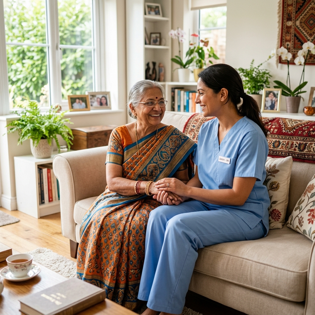Compassionate female nurse in blue medical uniform holding hand of senior woman at home