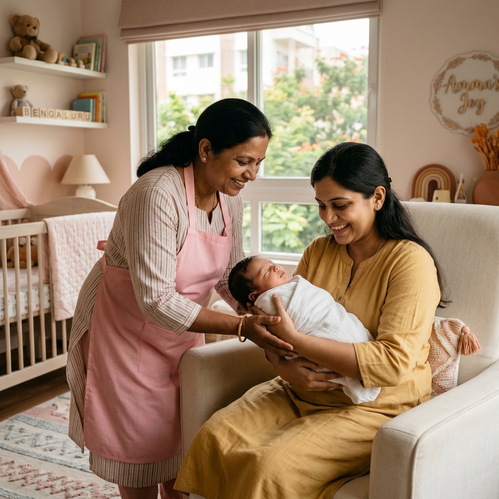 Loving nanny holding newborn baby near mother in cozy nursery room