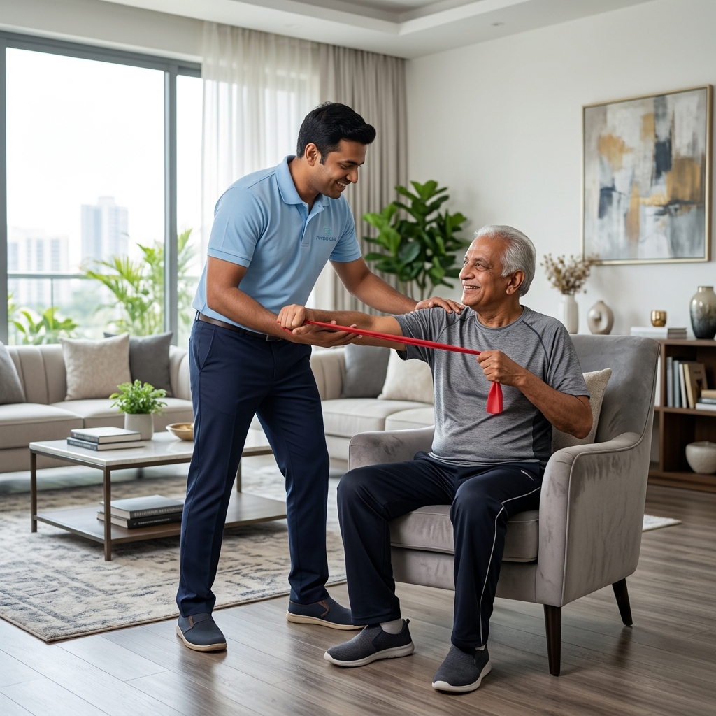 Physiotherapist assisting senior patient with resistance stretching at home