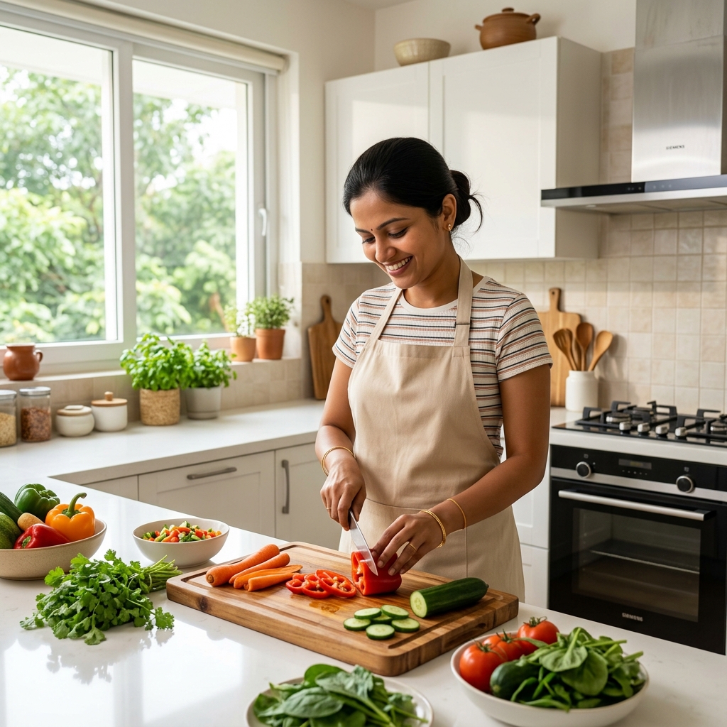 Professional home cook preparing fresh healthy meals in a modern kitchen