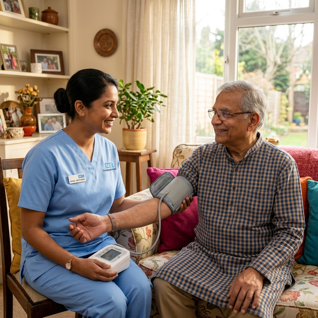 Gentle nurse checking blood pressure of senior patient at home